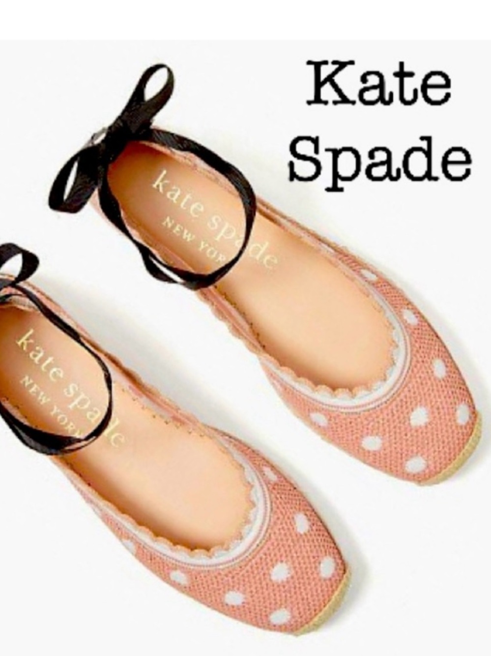 KATE SPADE  Women’s  Knottingham Pink Flat Espadrilles Removable Black Ribbons